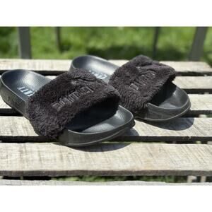RARE Fenty x Puma Rihanna Women’s 37 Black Fur Slides Leadcat Fenty Sandal Slide